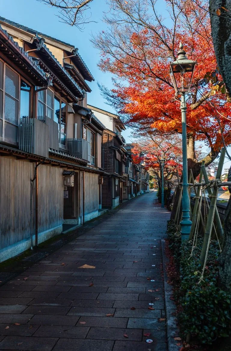 紅葉が色づく金沢の古い町並みと石畳の路地